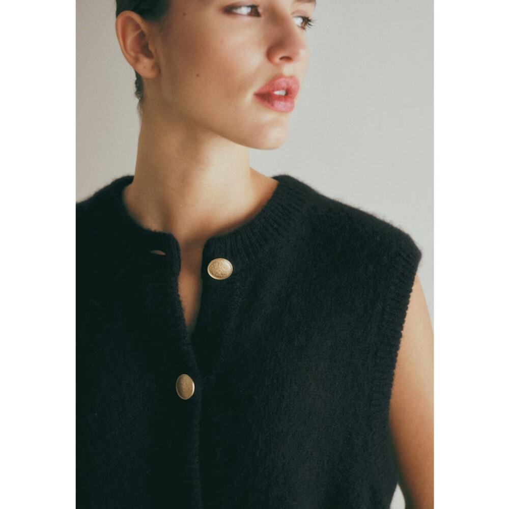 SEZANE Sacha Sweater Vest Cardigan Black w/ Gold Button Wool Blend Women's M - Picture 11 of 12